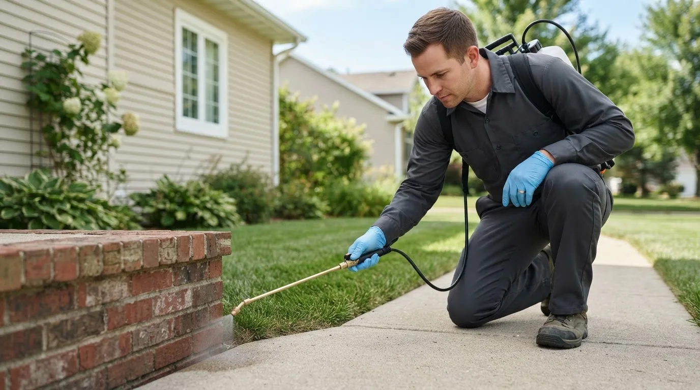 Pest control technician treating a home near Dakota, MN